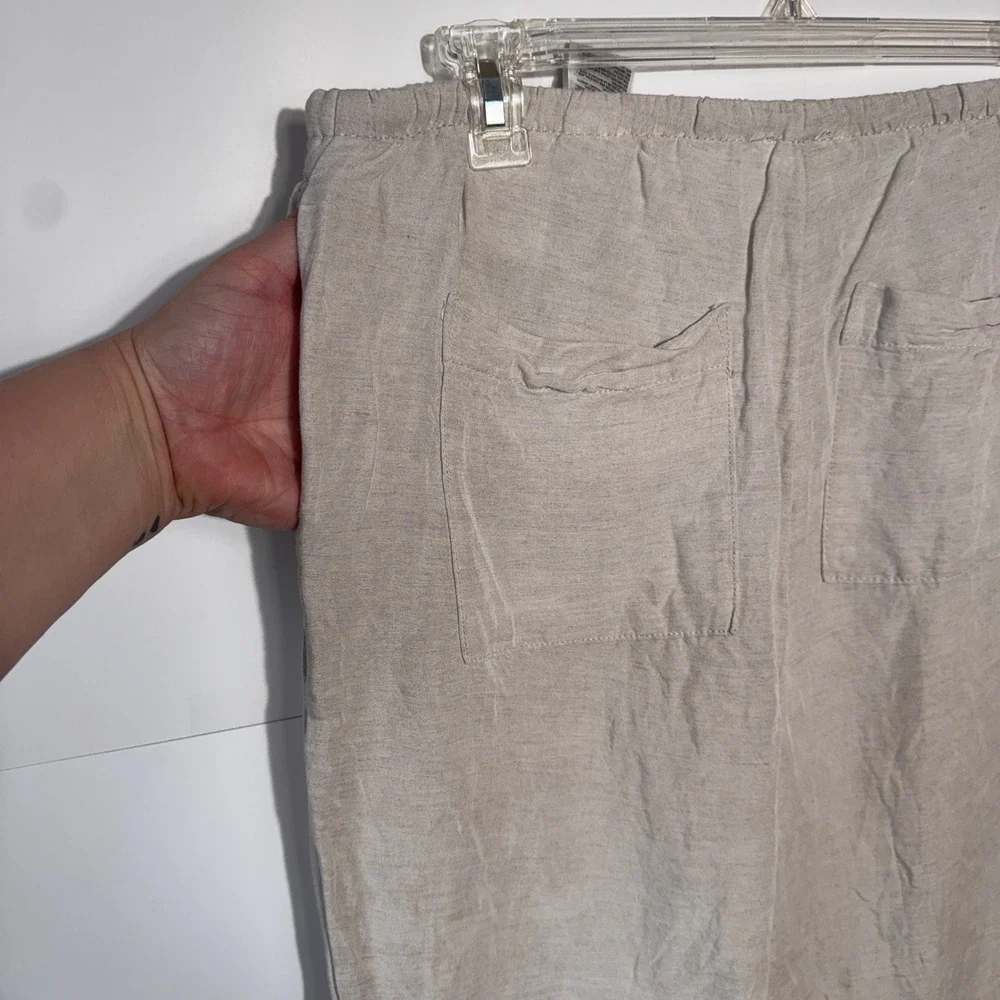 HM Linen Blend Pants Women L‎ Beige Wide Leg Drawstring Lagenlook Natural Fiber